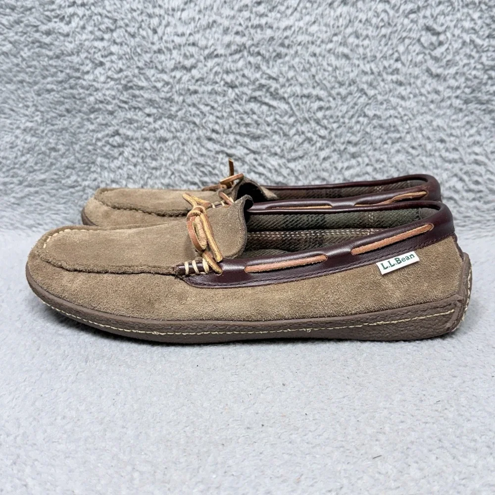 LL Bean Handsewn Slippers Flannel-Lined Mens‎ Size 9 Moccasin Shoes Brown Suede